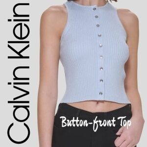 CALVIN KLEIN Ribbed Button-Down Sleeveless Top NWT/Light Blue/XL